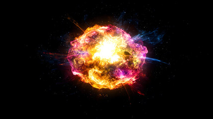 A vibrant, cosmic explosion.  Fiery orange, pink, and blue energy bursts outward in a swirling nebula against a black background.  Perfect for science fiction, fantasy, or power themes.