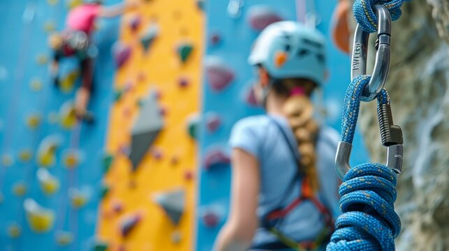 Children engage in climbing activities on a vibrant indoor wall, showcasing teamwork and focus as they practice their climbing technique with safety gear. - Powered by Adobe