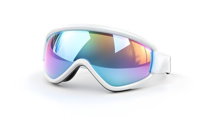 White framed ski goggles with iridescent lens on white background