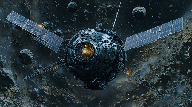 A futuristic spacecraft navigates a dense asteroid field. Its solar panels gleam, reflecting the distant starlight.  The vessel's intricate design suggests advanced technology.
