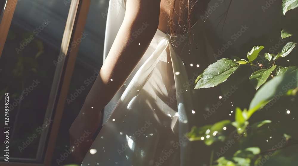 Poster serene indoor plants by windowpane with natural sunlight filtering through lush green leaves creatin