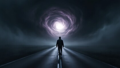 Man Walking Towards Portal in Dark Mysterious Landscape