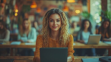 Woman using tablet, cafe, coworkers, studying, teamwork