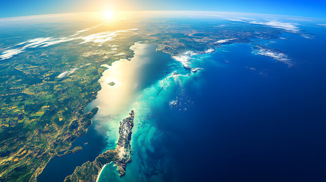 Stunning aerial view of a coastline at sunrise. Lush green landscape meets vibrant turquoise ocean waters.  Sunlight illuminates the scene, creating a breathtaking panorama.