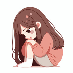 An emotional illustration of a sad woman sitting alone, conveying feelings of sorrow and loneliness. Perfect for mental health awareness campaigns, heartbreak-related content.