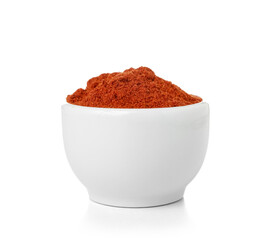 Bowl of aromatic paprika powder isolated on white background