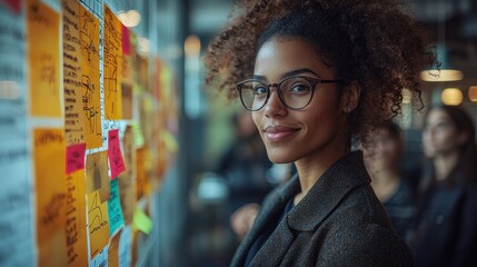 Confident woman, office meeting, notes, brainstorming, teamwork