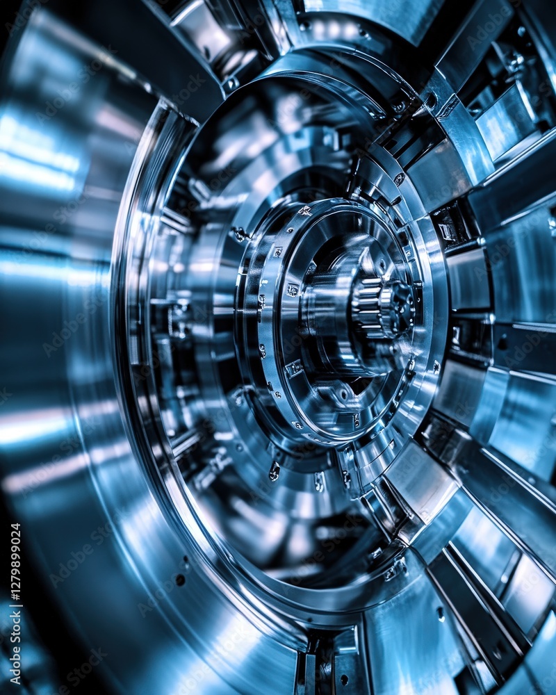 Poster abstract close-up of intricate industrial machinery, showcasing complex metallic gears and rotating 