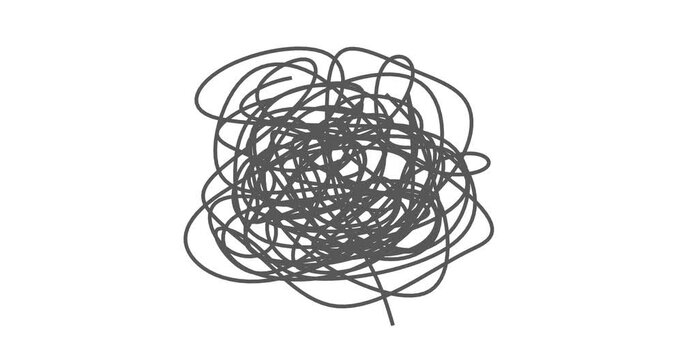 Animation hand drawn tangle with scrawl, scribble. Doodle thread drawing chaotic abstract background. Self drawing animation of line.