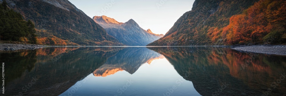 Poster stunning panoramic view of a tranquil lake reflecting colorful autumn trees and majestic mountains d