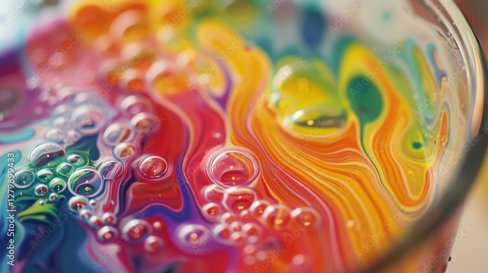 Poster bright, swirling colors of red, yellow, green, and blue create a mesmerizing pattern in a glass full