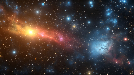 Fototapeta premium A vibrant nebula shines brightly against a backdrop of countless stars. Reds, oranges, and blues paint a cosmic masterpiece across the dark expanse of space.