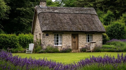 Stone Cottage, Thatched Roof, Lavender