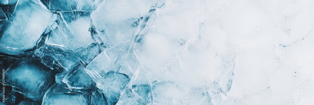 Poster Ice forms intricate patterns and textures on the surface of a frozen lake, creating a stunning display of nature's artistry in shades of blue and white