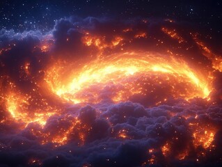Obraz premium Fiery Cosmic Cloud Swirls in Nebula, Galactic Inferno Rages Brightly