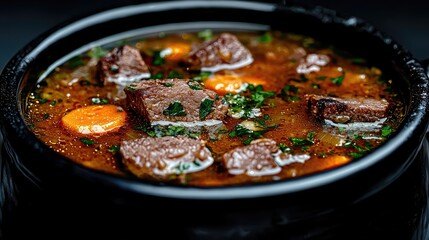 Hearty beef stew in rustic bowl, close-up shot
