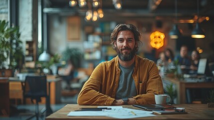 Man working in cafe, smiling, blurred background