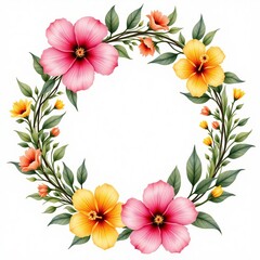 Obraz premium Floral Wreath With Pink And Yellow Hibiscus Flowers