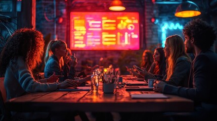 Team meeting, data analysis, modern office, neon lights, business strategy