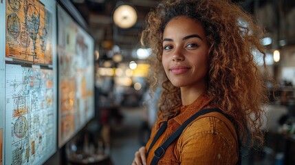 Woman smiles, indoor market, vintage maps, background blurred