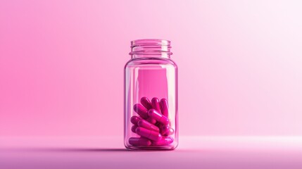 A highly detailed glass bottle of pink pills, its transparency showcasing each capsule vividly, set on a smooth gradient.