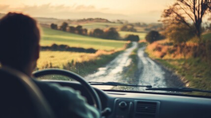 Driving on a Country Road at Sunset