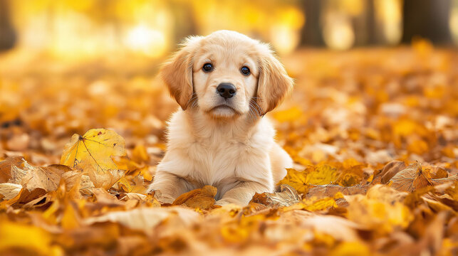 Little golden retriever puppy, surrounded by autumn leaves