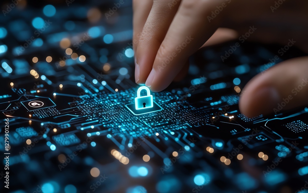 Leinwandbilder network security concept, hand pressing a digital padlock icon on a network structure, illustrating 