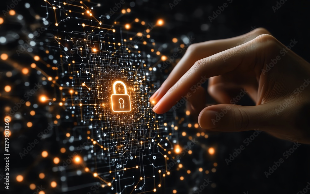 Poster Network security concept, hand pressing a digital padlock icon on a network structure, illustrating encryption and secure connections in modern technology