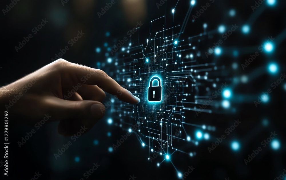 Aufkleber Network security concept, hand pressing a digital padlock icon on a network structure, illustrating encryption and secure connections in modern technology