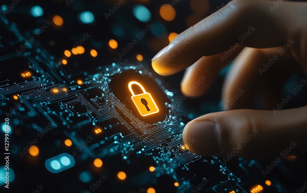 Aufkleber Security of network and internet server, hand touching a glowing padlock icon on a secure network structure, representing encryption and connectivity in digital protection