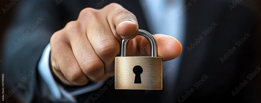 Aufkleber Digital security system with a businessman activating a padlock icon, symbolizing the protection of customer information and personal data from cyber threats