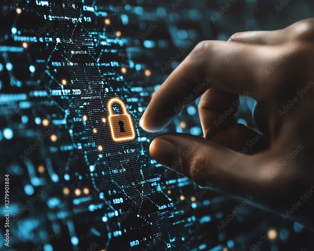 Fototapete Hand activating a padlock icon on a secure network, symbolizing encryption technology and protection of internet server connections and digital data