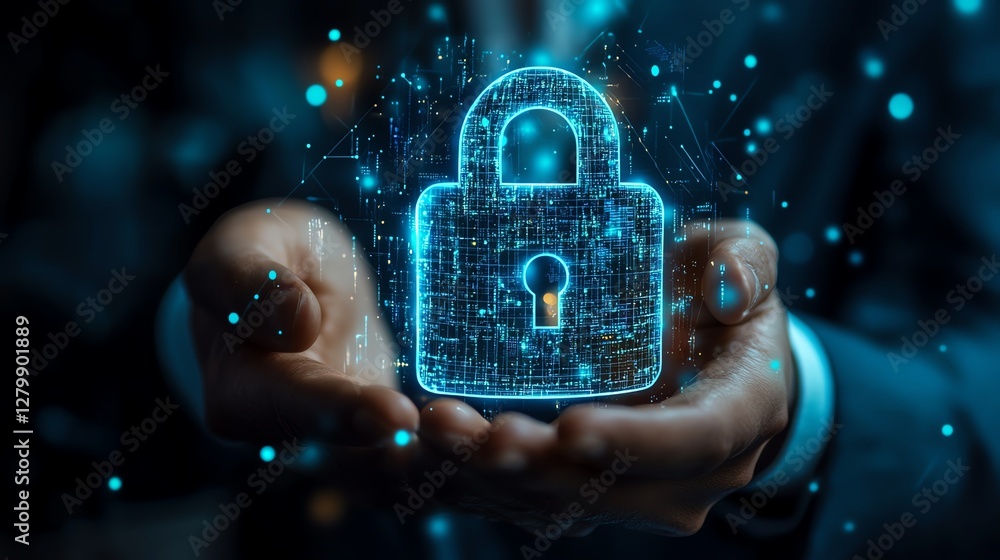 Fototapete hightech internet security system with a businessman securing customer data using a padlock icon, sy
