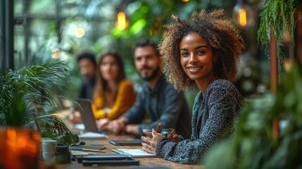 Smiling team meeting cafe plants background, business