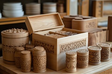 Fototapeta premium Carved wooden boxes, workshop