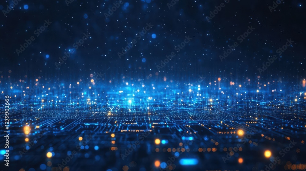 Poster abstract blue digital circuit board with glowing particles. ideal for tech, ai, or network concepts.