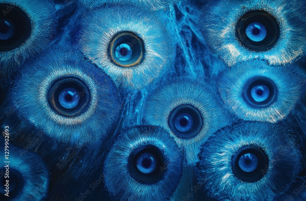 Poster close-up view of beautiful blue eye-like structures on natural marine life with intricate patterns a