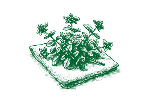 green thyme sprigs on cloth, sketch style clip art preview