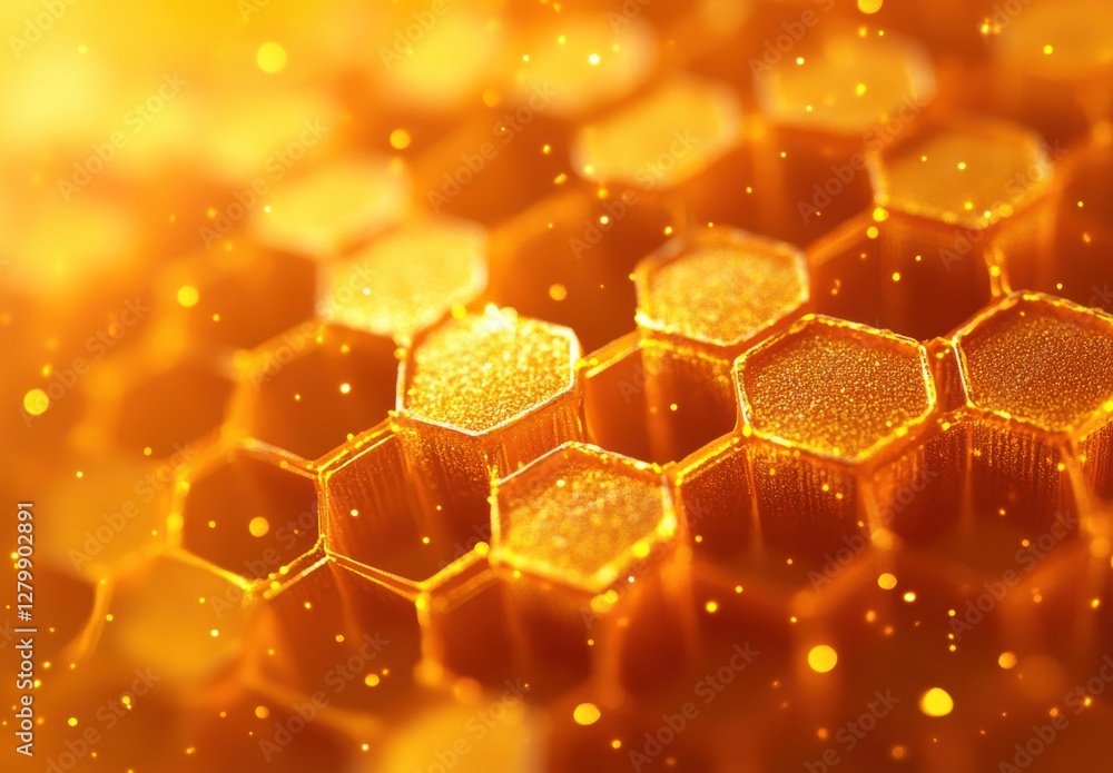 Poster close-up view of honeycomb texture with sparkling golden color and soft bokeh background for natural