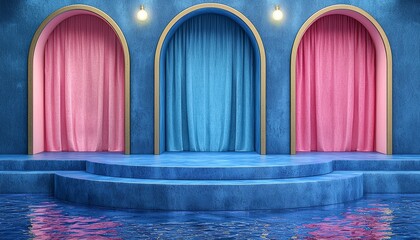 Three arched doorways with colorful curtains and stage decor