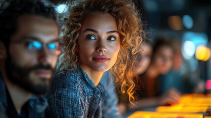 A woman with curly hair looks to her right thoughtfully