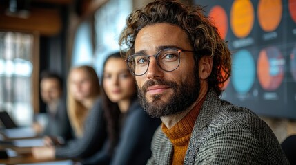 A man wearing glasses poses in front of his team