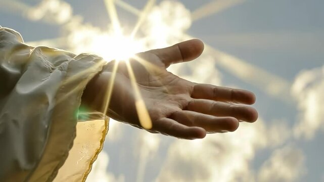 A hand reaching towards the sun with rays shining through clouds. Captured from a low angle, the video evokes hope and aspiration.