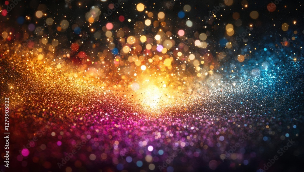 Poster colorful abstract background with shimmering glitter particles and bokeh lights for creative project