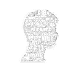 Young man improving reputation concept. Businessman head icon filled with relative keywords. 3D render