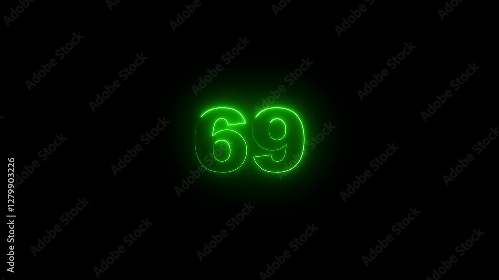 Aufkleber neon glowing text 69 number countdown icon on black background 4k animation. neon number 69 with alp