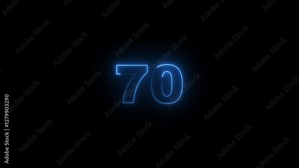 Poster neon glowing text 70 number countdown icon on black background 4k animation. neon number 70 with alp