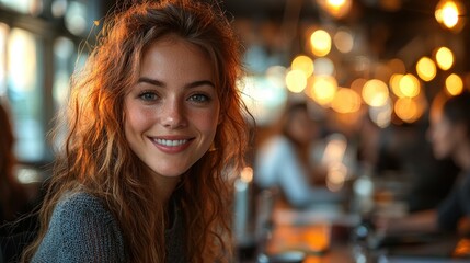 Happy Smiling Woman Enjoying The Warmth of The Bright Lights