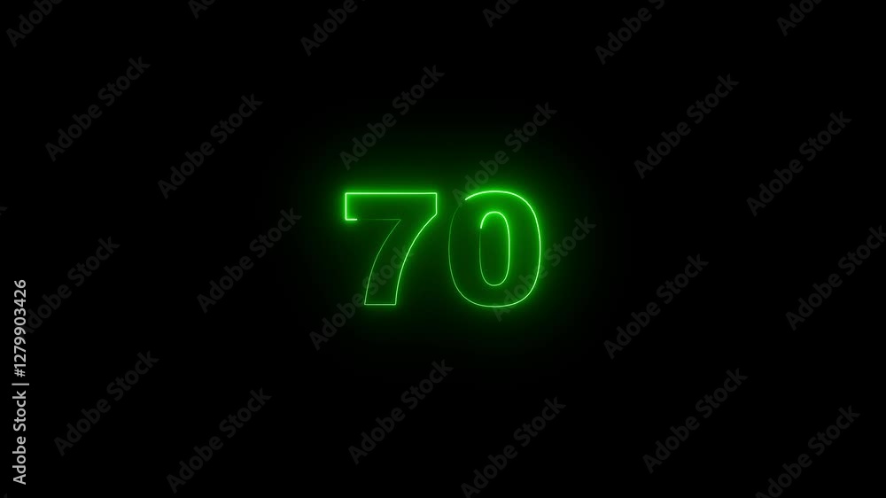Aufkleber neon glowing text 70 number countdown icon on black background 4k animation. neon number 70 with alp